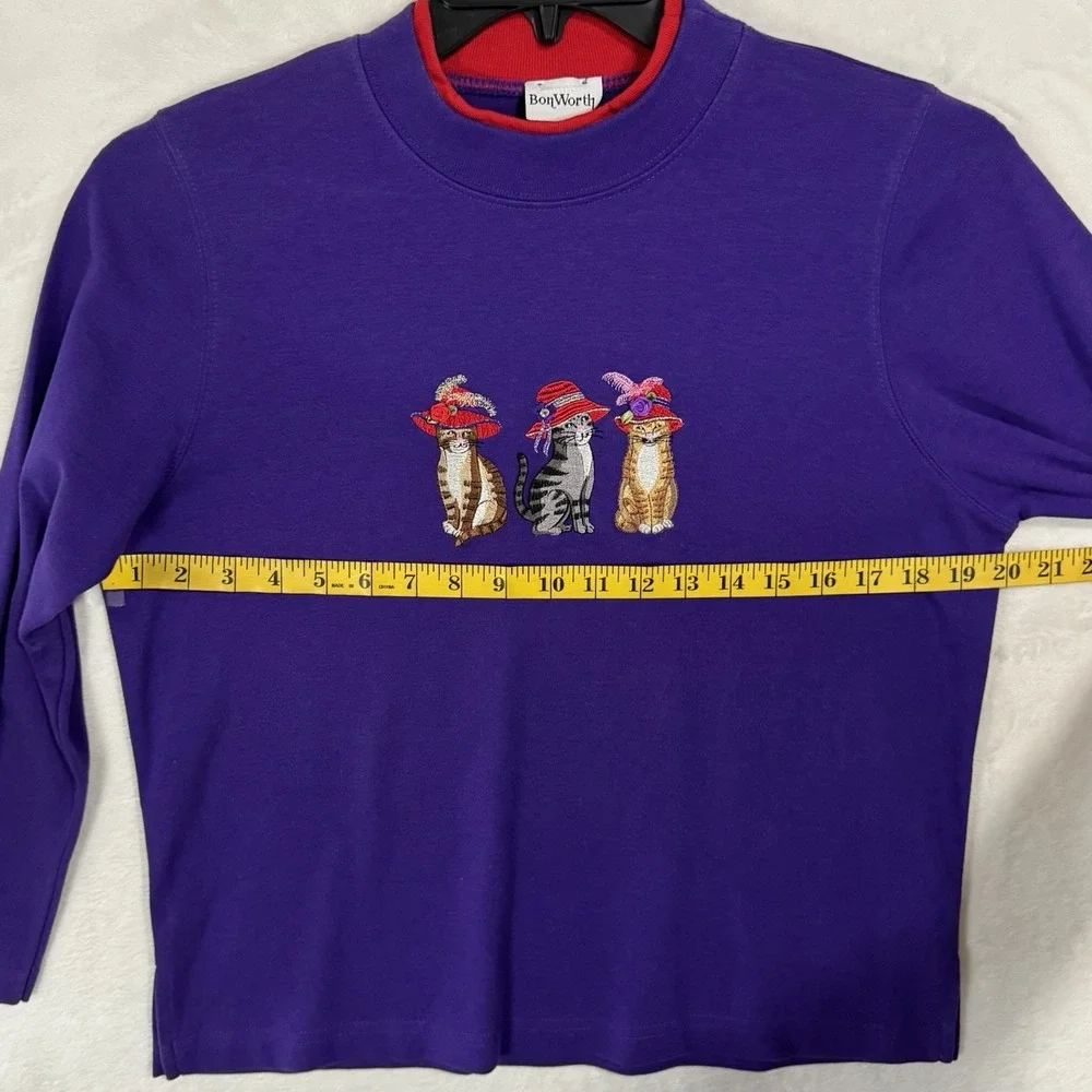 Vintage Cat Lady Mock Neck Sweatshirt Top Size M Crop Purple Red Hat Society 90s - Picture 8 of 13